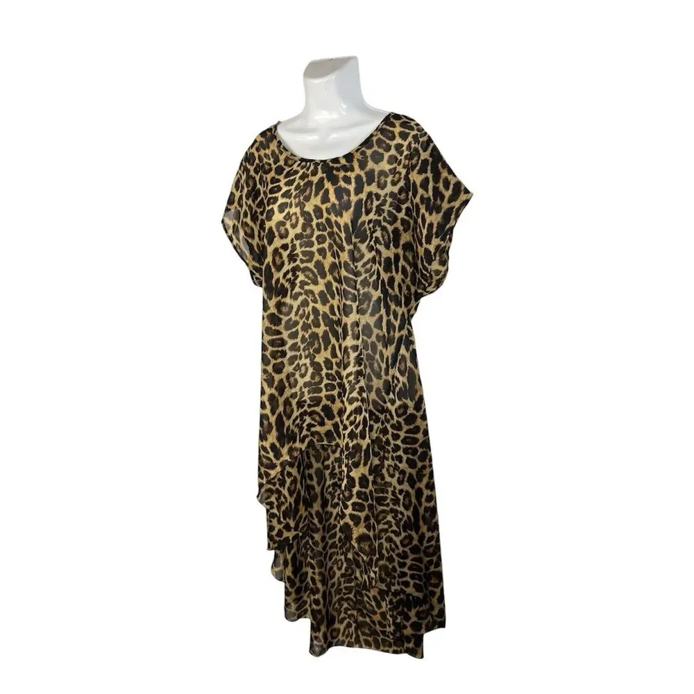 Cha Cha Vente Leopard Print High Low Top Plus 2X Tunic Short Sleeve Sheer Blouse - Picture 2 of 8
